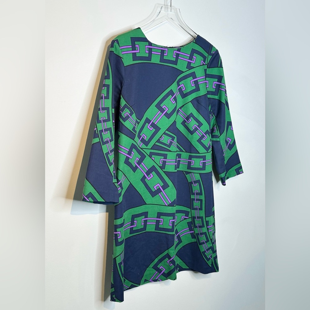 Elizabeth McKay London Chain Green Navy Blue Purple Cotton Blend Shift Dress - Picture 3 of 11
